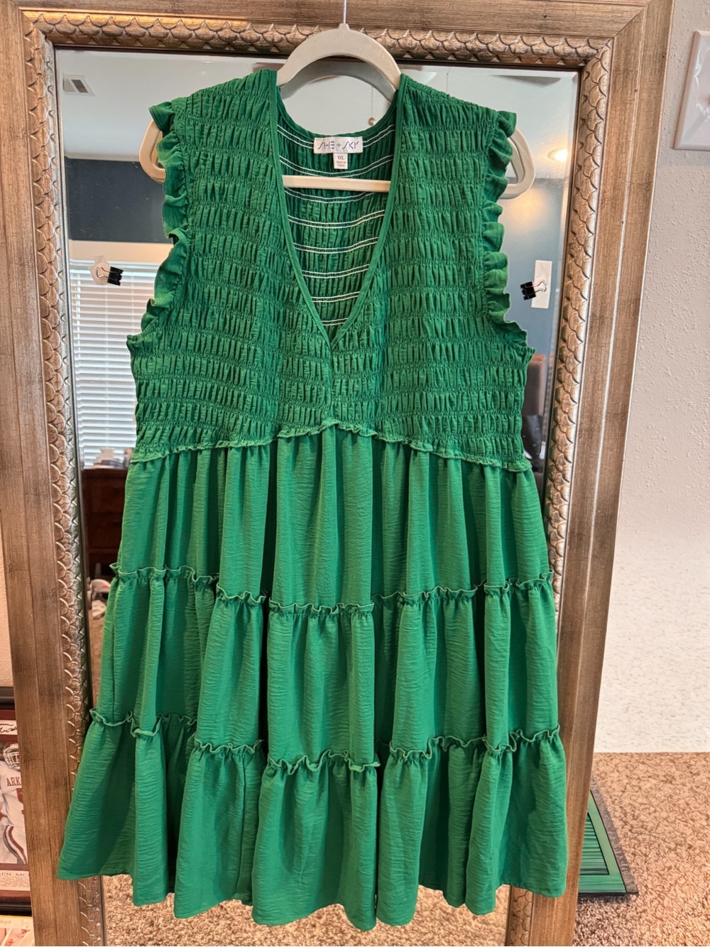 She + Sky Green Smocked Tiered V-Neck Maxi Dress